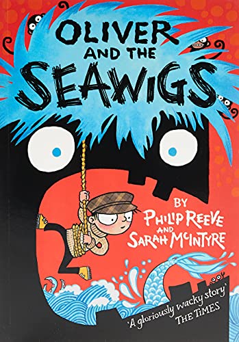 A boy in a cap swings on a rope before a large, dark, blue-haired monster.