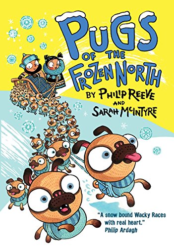 Book cover featuring many cartoon pugs pulling a sled with two children.
