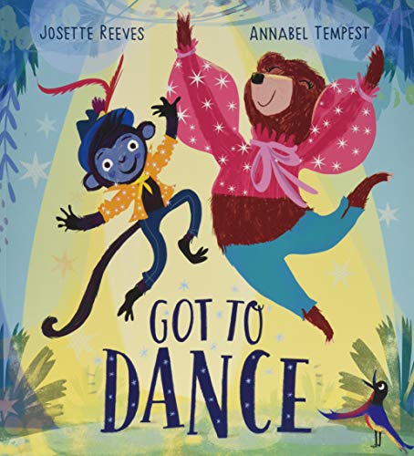 A monkey and bear joyfully dancing against a bright yellow background.