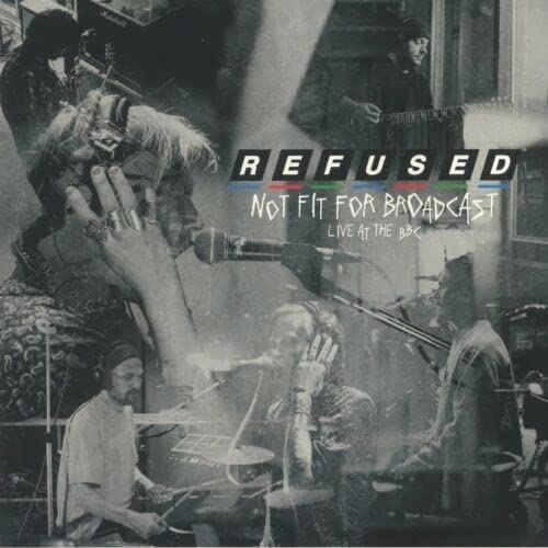 Black and white album cover of Refused performing live with microphones.