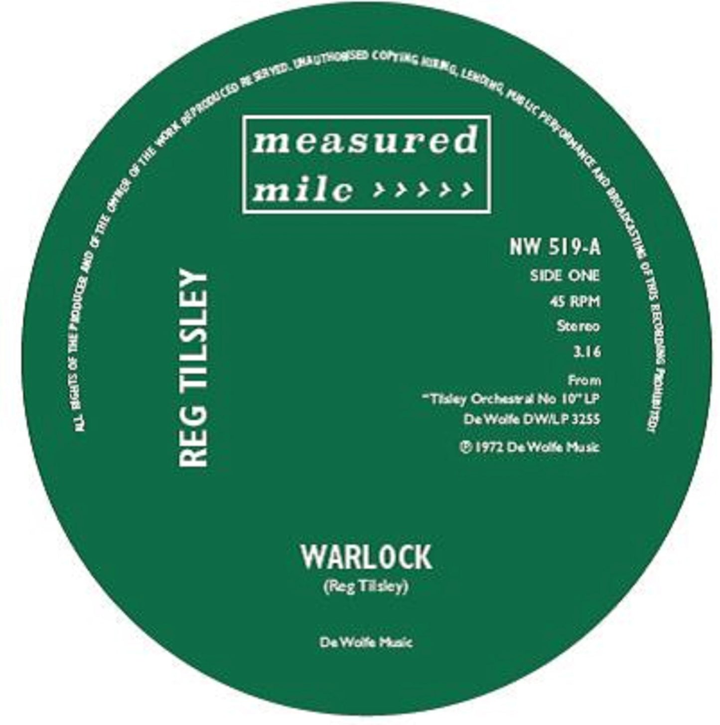 Green vinyl record label with text: "Reg Tilsley - Warlock" and "measured mile".