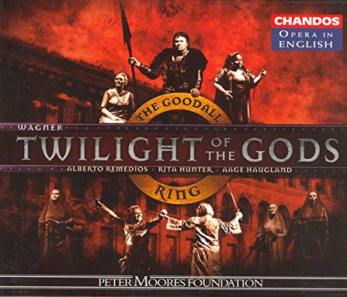 "CD cover for Wagner's 'Twilight of the Gods' with opera performers and red-toned artwork."