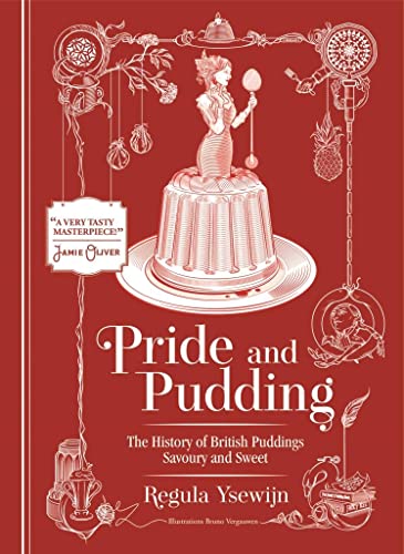 Book cover for Pride and Pudding featuring a red background with white line illustrations.
