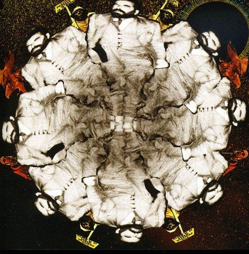 Circular album cover featuring a repeating, distorted image of a man in a suit.