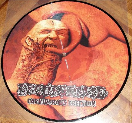 Vinyl record with a grotesque, distorted face and band title art.