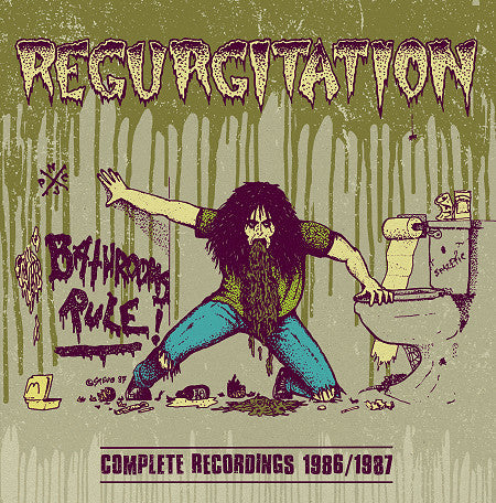 Vintage-style album cover with illustrated man, toilet, and band name "Regurgitation.