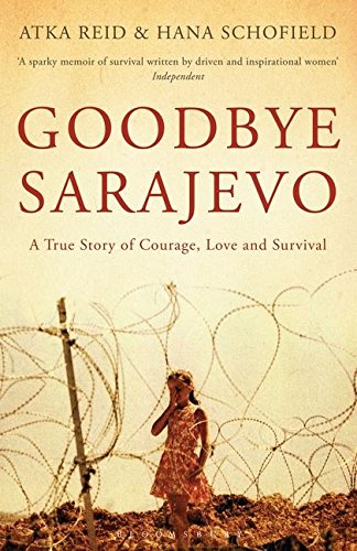 Book cover showing a girl standing behind barbed wire with the title Goodbye Sarajevo.