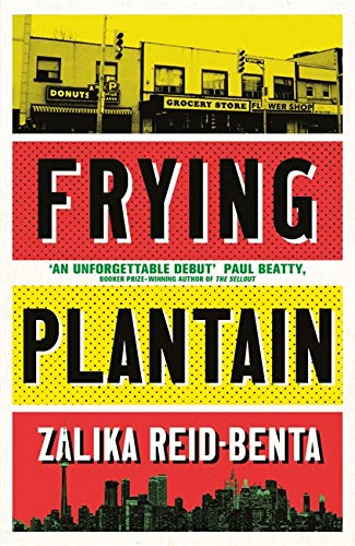 Book cover for "Frying Plantain" with yellow, red, and black design.
