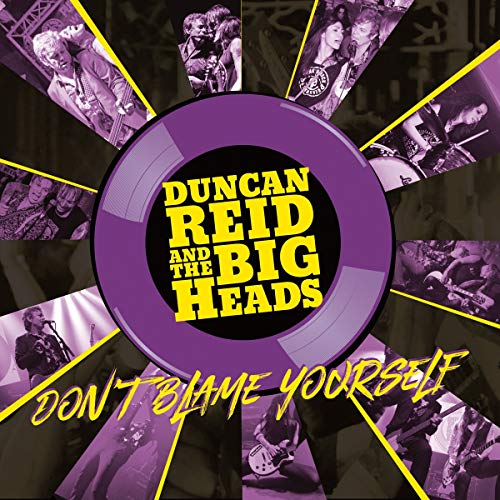 "Album cover featuring a purple vinyl record with yellow text and surrounding band photos."