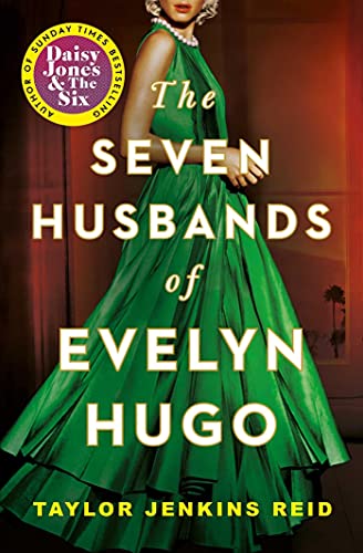 Book cover featuring a woman in a green gown, titled "The Seven Husbands of Evelyn Hugo.