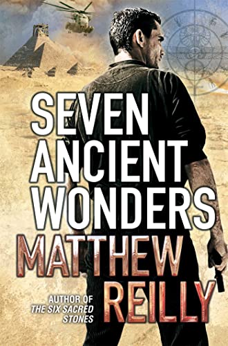 Book cover: man with pyramid backdrop, title “Seven Ancient Wonders.”