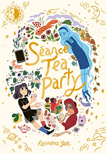 Colorful illustration of a tea party with a ghostly figure and floral elements.