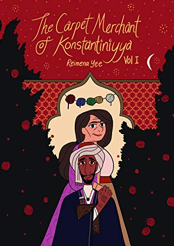 Book cover illustration featuring a man and woman against a dark red floral background.