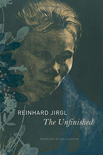 Book cover: portrait of a man with floral elements, titled “The Unfinished.”