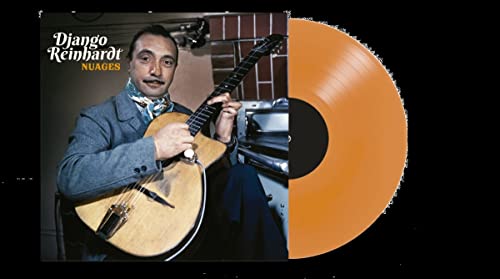 Django Reinhardt portrait with guitar and orange vinyl record.