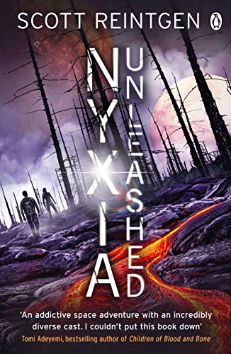 Book cover showing two figures walking through a dark, volcanic landscape with glowing lava.
