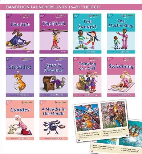 Ten illustrated children’s books, “Dandelion Launchers Units 16-20”, are displayed.