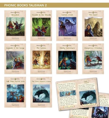 Ten Talisman 2 Series phonic book covers and an open book page spread.
