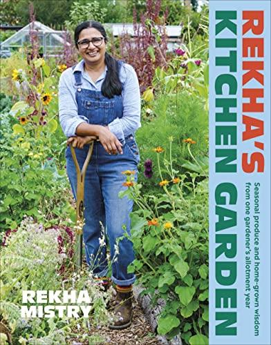 Book cover: woman in garden with text "Rekha's Kitchen Garden".