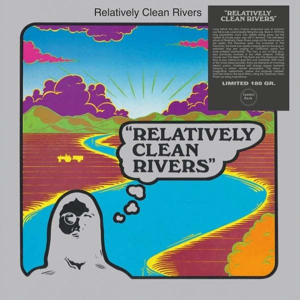 Vinyl record cover: colorful landscape with a ghostly face and river.