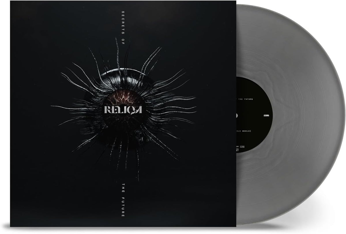 Reliqa vinyl record with dark, abstract cover art and gray disc.