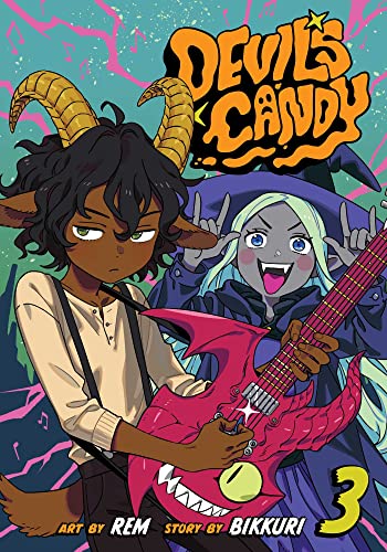 Comic book cover: two young people playing electric guitars, devil horns.