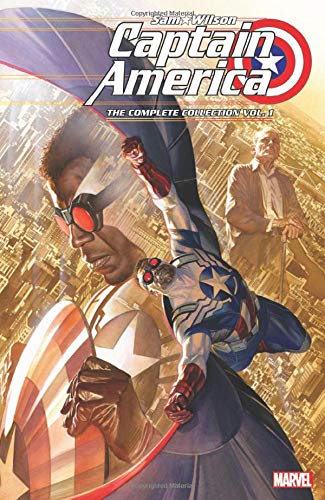 Comic book cover featuring Sam Wilson as Captain America flying over a city skyline.