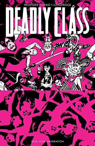 Comic book cover with white text on a pink and black background featuring characters.