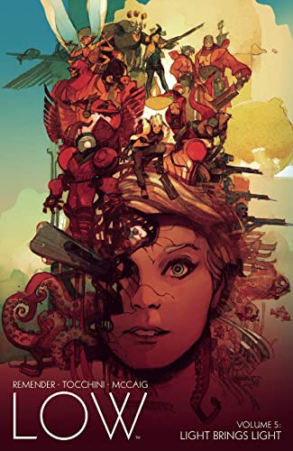 Comic book cover: a large face with figures and weapons above.