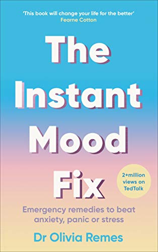 Book cover with blue and purple gradient, title "The Instant Mood Fix" and author name.