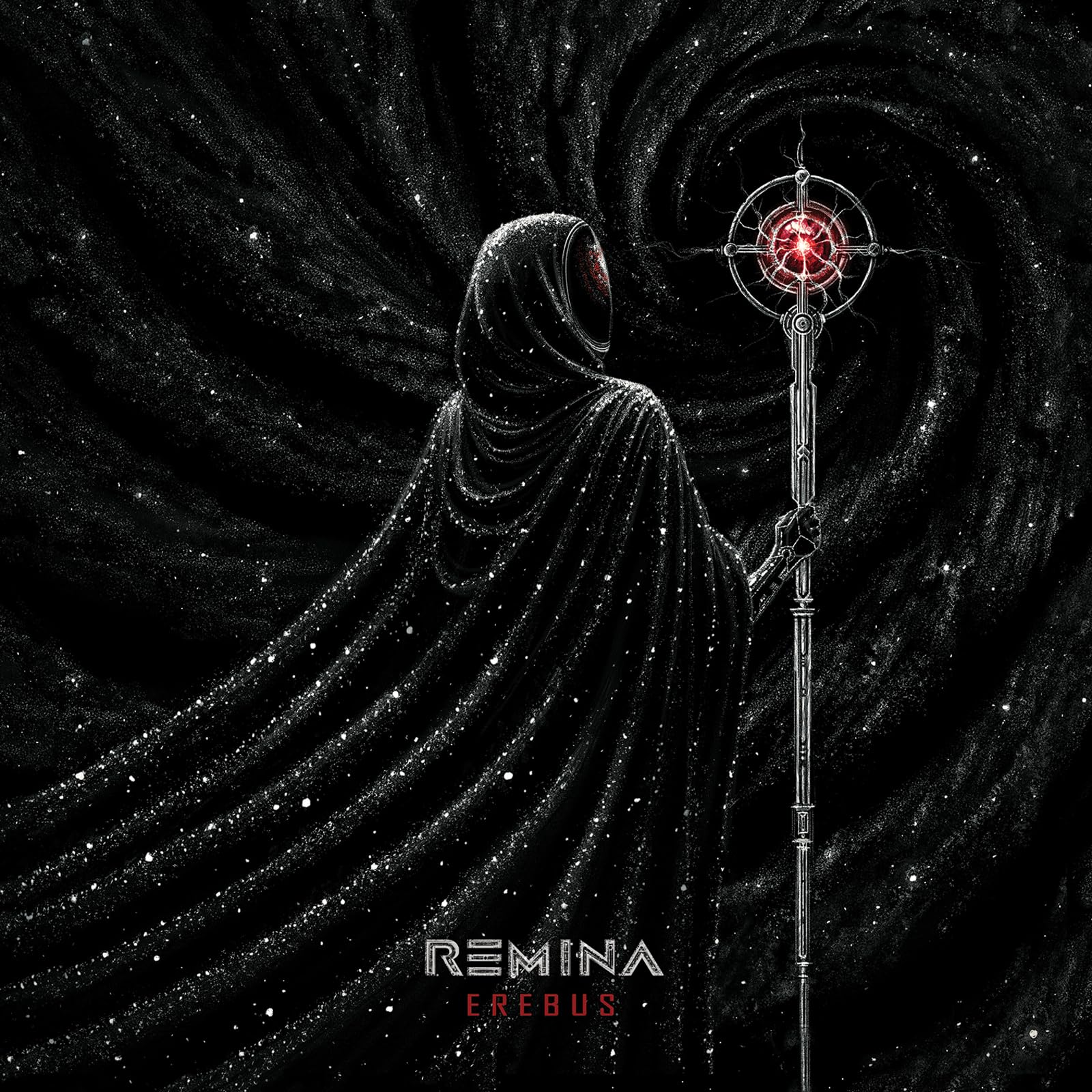 Hooded figure holding a glowing staff against a starry, dark background.