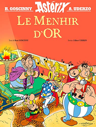 Asterix comic book cover featuring characters and a golden menhir.