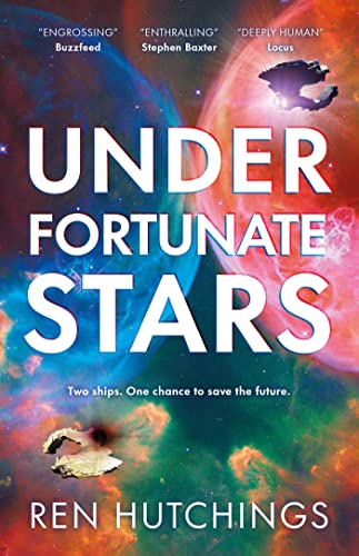 Book cover: "Under Fortunate Stars" with spaceships against a nebula.