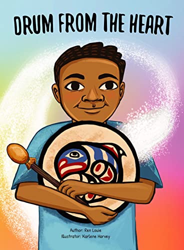 Book cover: young boy holding a decorated Indigenous drum and beater.