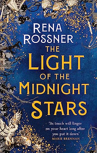 Book cover: dark blue starry background with gold lettering and owl illustration.
