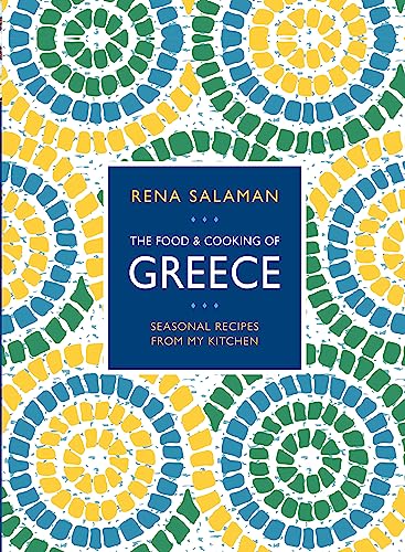 Cookbook cover: “The Food & Cooking of Greece” with blue and patterned background.