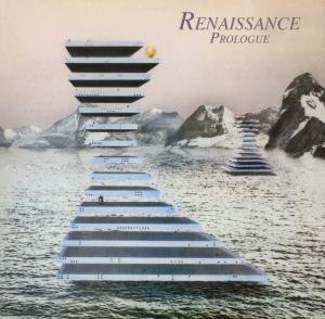Surreal album cover showing stacked platforms floating on water with mountains in the background.
