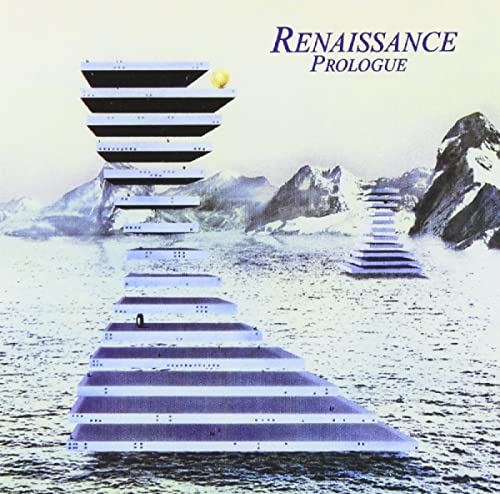 Renaissance "Prologue" album cover: surreal staircase against mountains and water.