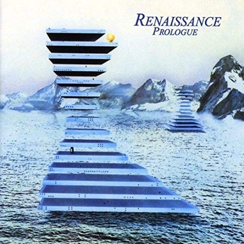 "Album cover art: futuristic structures in icy waters with snowy mountains in background."