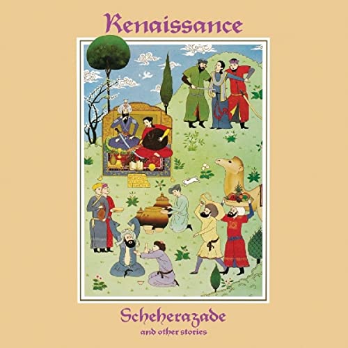 Renaissance album cover: colorful, illustrated scene of figures in a garden.