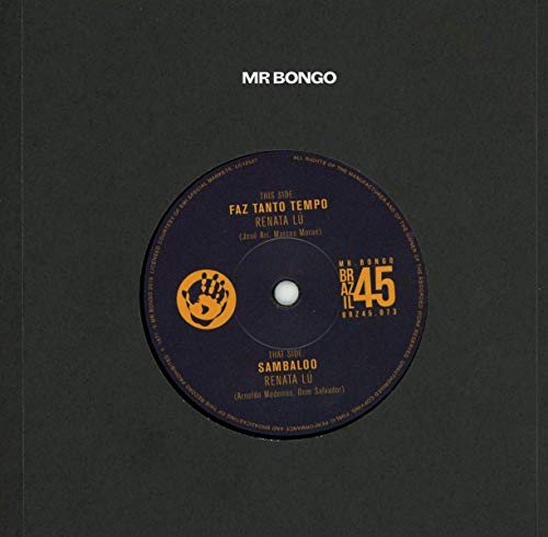 Dark blue vinyl record label with text and a yellow hand graphic.