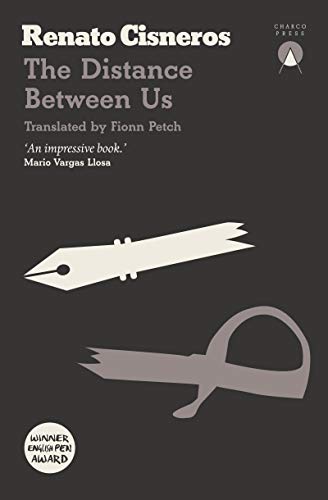 Book cover: “The Distance Between Us” by Renato Cisneros, with pen and key imagery.