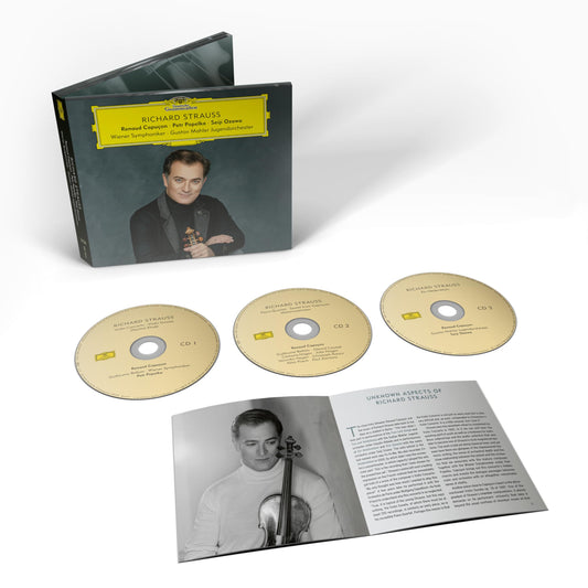 Richard Strauss CD case with three discs, booklet, and conductor portrait.