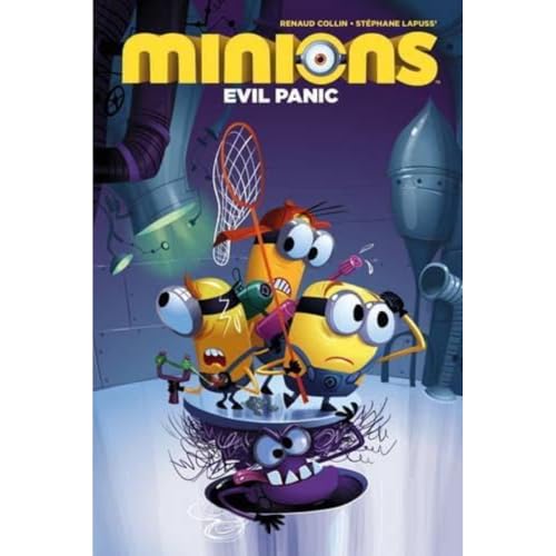 Three yellow Minions and one purple Minion in a cartoon laboratory setting.