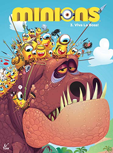 Many Minions riding on the head of a large, prehistoric-looking dinosaur creature.