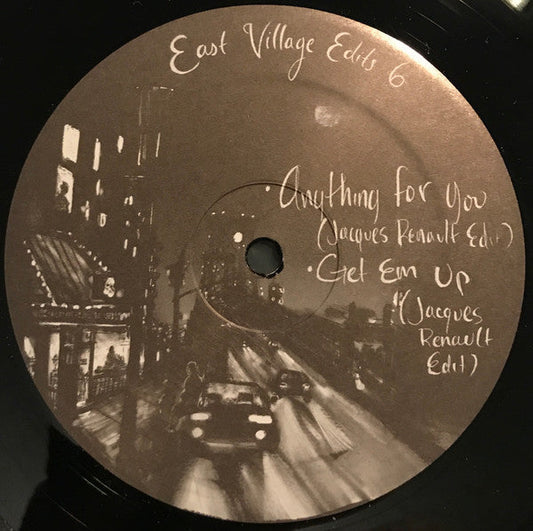 Vinyl record label with handwritten text and a city street scene.
