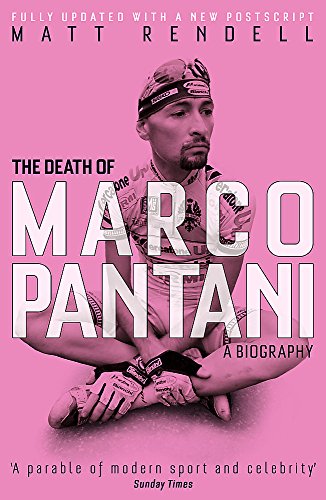 Book cover featuring a black and white photo of cyclist Marco Pantani on pink.
