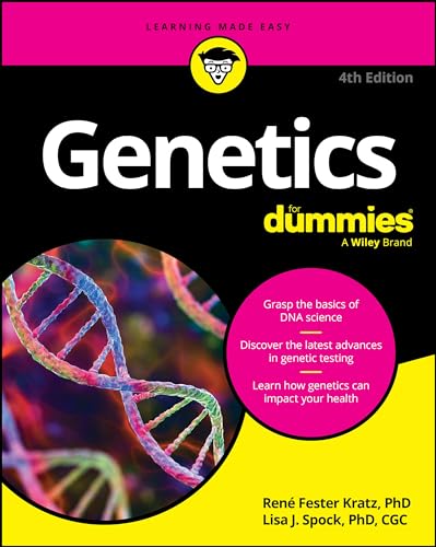 Book cover: "Genetics For Dummies," 4th edition, with a DNA helix image.