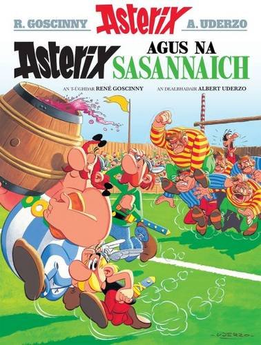 Asterix comic book cover in Gaelic, featuring characters and a wooden barrel.