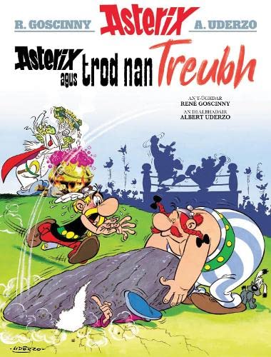 Asterix comic book cover in Gaelic, featuring Asterix, Obelix, and a Roman.